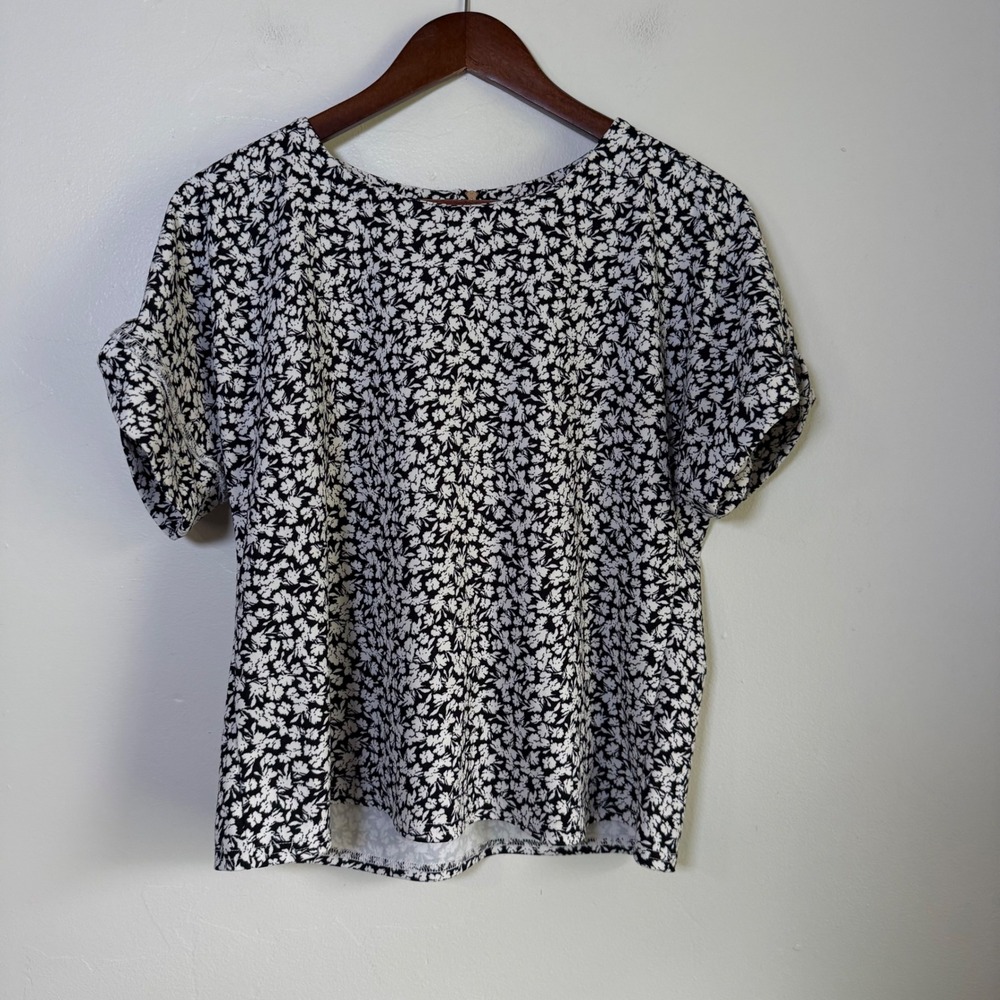 Melloday Floral Print Exposed Zipper Back Cuffed Sleeve Blouse Size Small Black